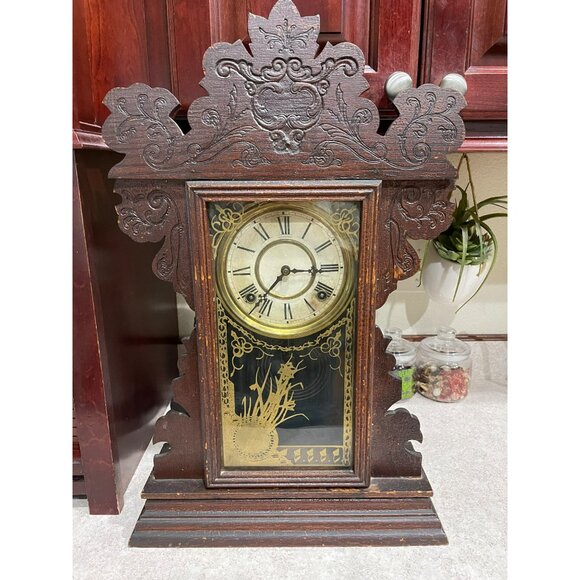 Antique Sessions Gingerbread Wooden Mantel Clock With Ornate Design & Glass Disp - Picture 6 of 7
